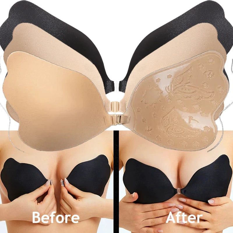 Silicon Front Buckle Nipple Bras Butterfly Shape Lift Push Up Bras Sexy Ladies Invisible Reusable Breast Pad Bra Solid Underwear