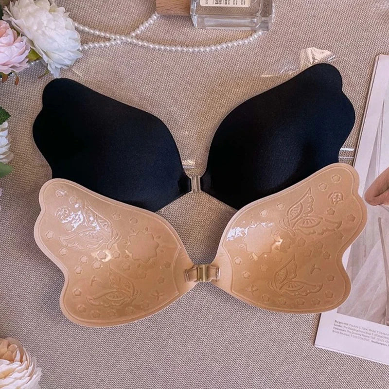 Silicon Front Buckle Nipple Bras Butterfly Shape Lift Push Up Bras Sexy Ladies Invisible Reusable Breast Pad Bra Solid Underwear